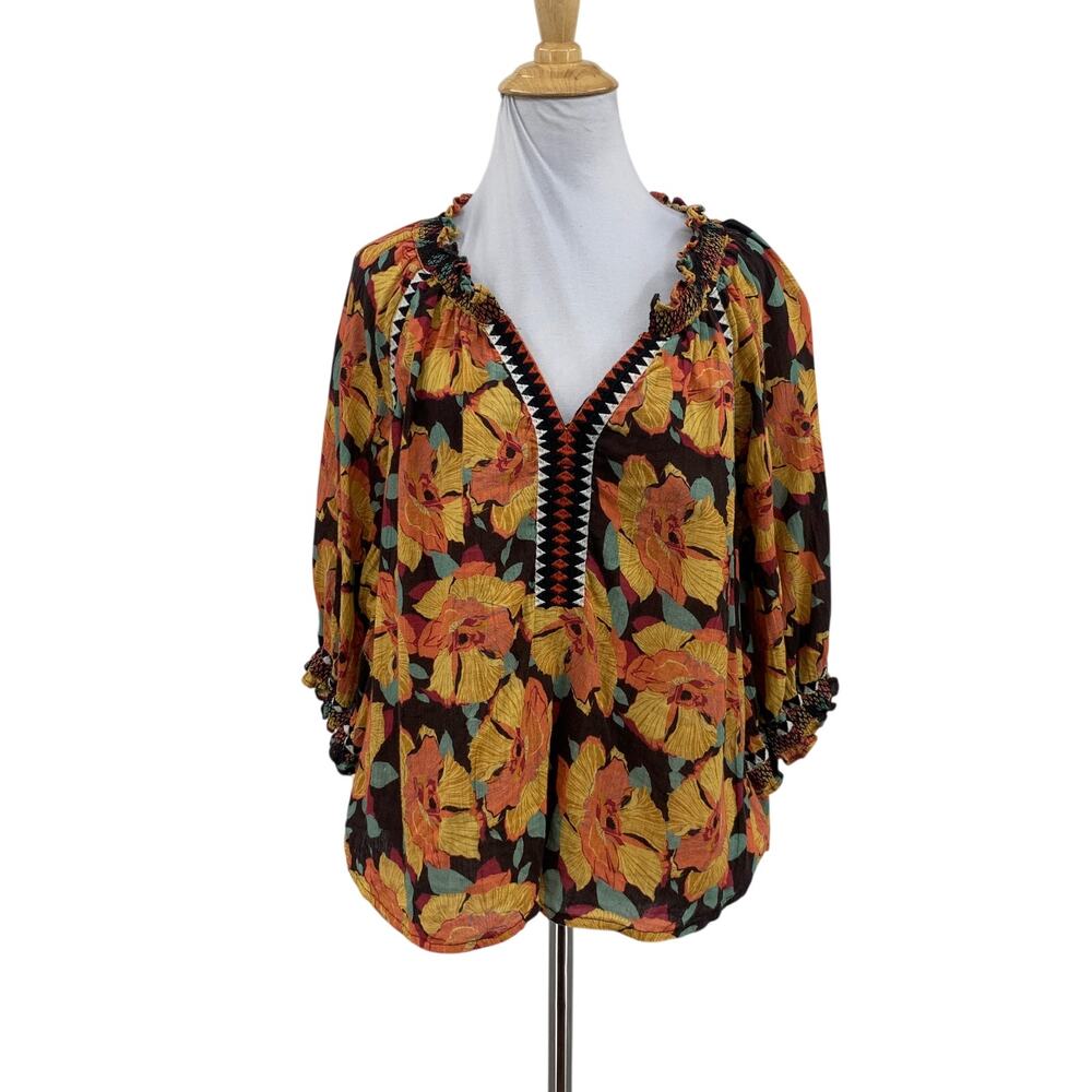 Sundance Top Womens PS Petite Multi Hibiscus Bloom Embroidered Boho Billowy